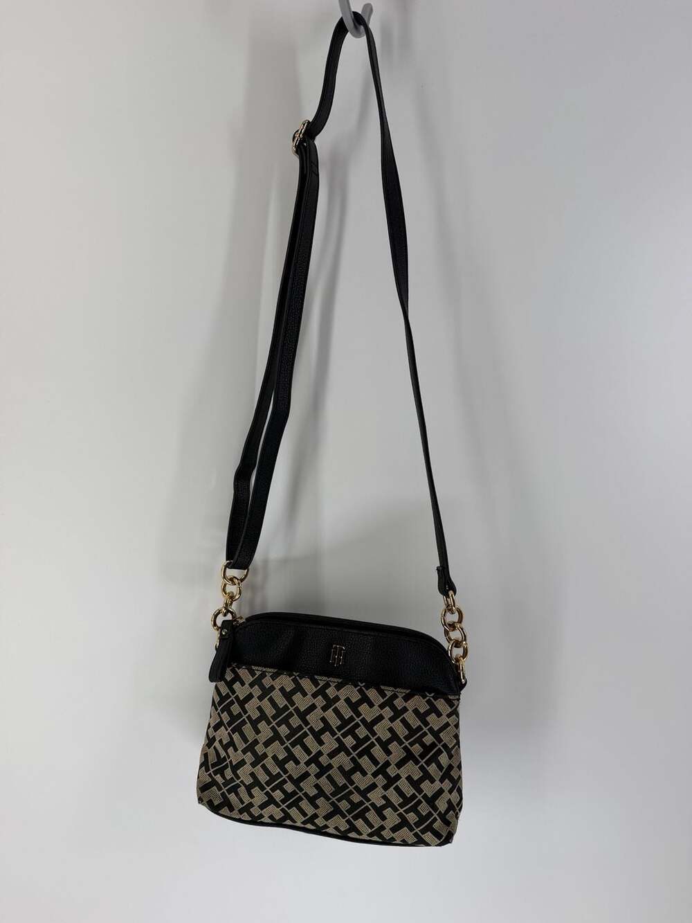 Tommy Hilfiger Monogram Crossbody Bag Black Tan Gold Hardware Adjustable Strap